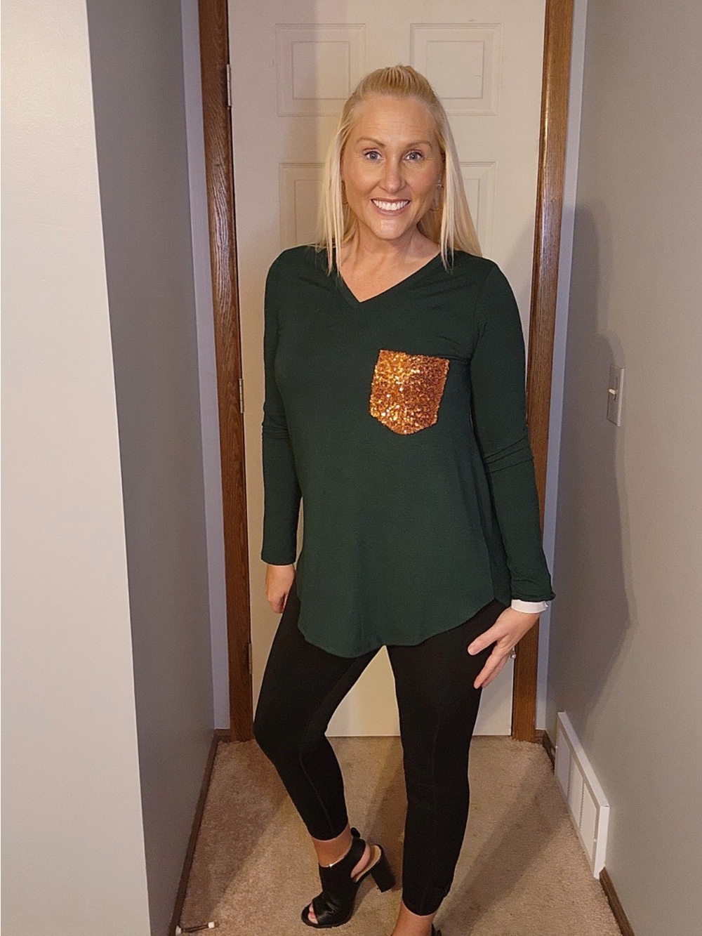 Zenana Outfitters Dark Green V-Neck Long Sleeve Top with Gold Sequin Pocket
